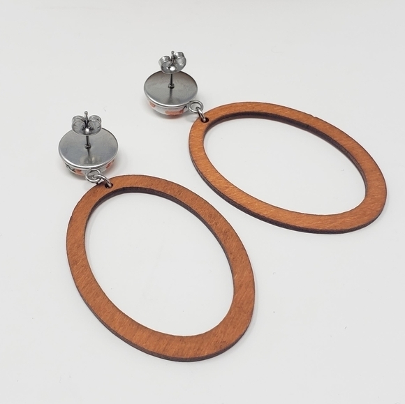 New Handmade | Floral Wooden Oval Earrings - Picture 2 of 3